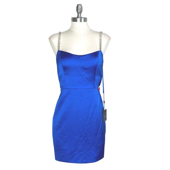 Mac Duggal Ieena 55691 Rhinestone Strap Satin Mini Dress Cobalt Blue - Picture 4 of 11